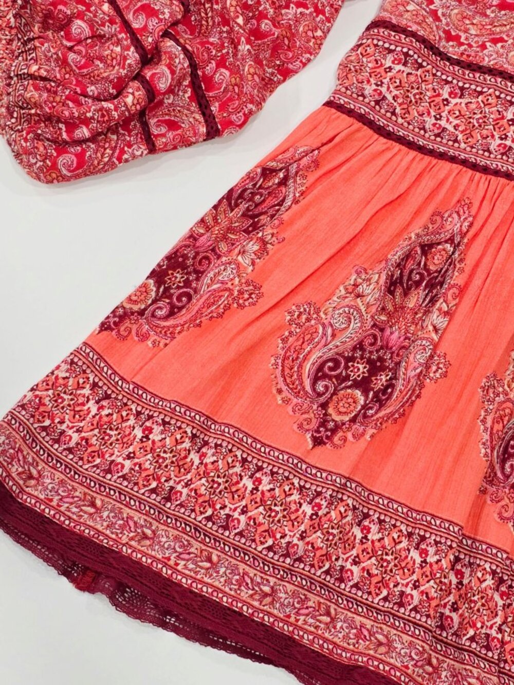 Free People ✦ Paisley Babydoll Tunic Dress ✦ Red Orange Oversized Boho Festival - Picture 8 of 13